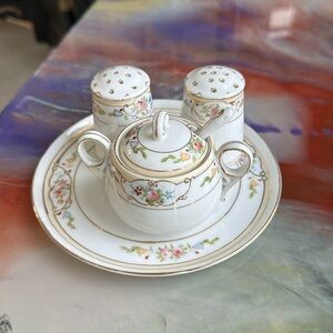 Vintage 1920s Nippon porcelain suger salt pepper set on plate